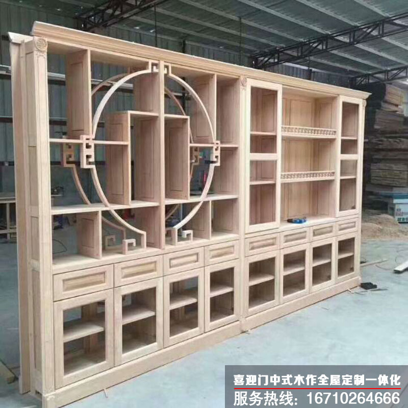 原木色的百寶閣中式木作產(chǎn)品安裝展示效果